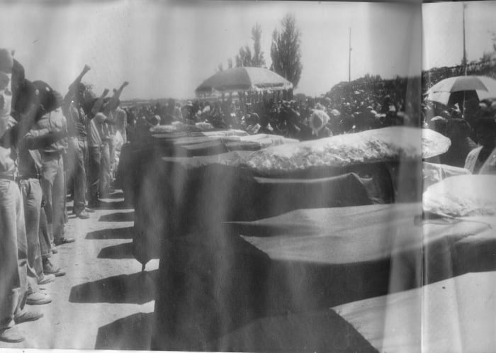 The aftermath of the Alexandra Township "Six Day War" in February 1986. Seventeen people were buried at a mass funeral in Alexandra Township for those shot dead by the police.