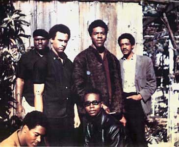 The original six members of the Black Panther Party (November, 1966) Top left to right: Elbert "Big Man" Howard; Huey P. Newton (Defense Minister), Sherman Forte, Bobby Seale (Chairman). Bottom: Reggie Forte and Little Bobby Hutton (Treasurer)