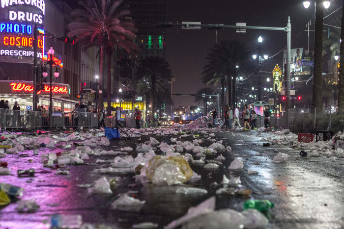 Mardi Gras in New Orleans usually draws about 1.4 million people... and their garbage. It takes weeks for the city to recover.