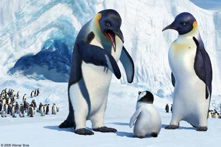 Scene from Happy Feet. Notice how the penguin on the right, the female, has a synched waist and high breast-like chest. Is this really necessary??