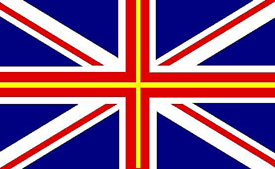 In this design the Union Jack remains pretty much as it is today. But remember the Cross of St David? To represent Wales, a narrow yellow Cross of St David is included