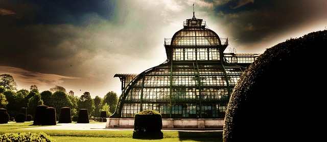 A greenhouse building in Vienna, Austria. The "greenhouse effect" works in a similar way to hot buildings, trapping heat in the Earth's atmosphere.