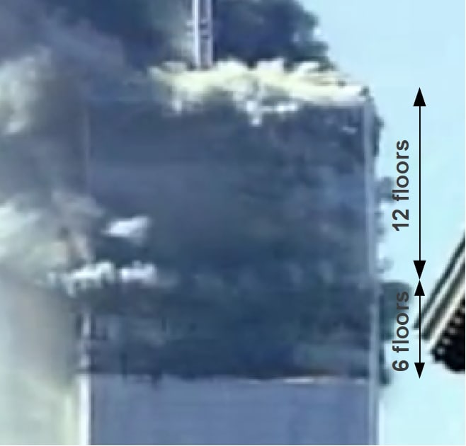 The left side is collapsing first. A block of 12 floors drops on the 6 weakened floors. The collapse starts at this moment.