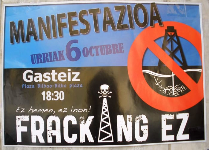 Anti-fracking poster in Vitoria-Gasteiz, Álava, Spain, October 2012. Critics of fracking's concerns include water contamination, earthquakes, greenhouse gases, disruption to locals, and general environmental damage.