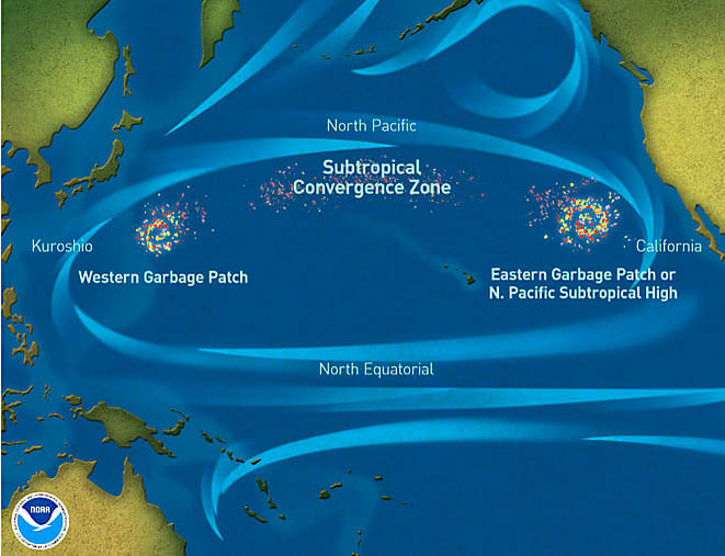 A map of the North Pacific showing the swirling currents which produce the vortex of garbage between California and Japan