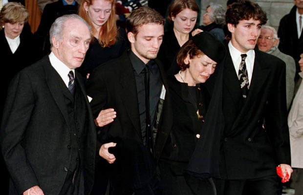 Pierre Trudeau with his ex-wife Margaret (now Kemper) and their sons, Justin and Sacha exit St. Viateur church in Montreal for a memorial service to Michel Trudeau (Nov 20, 1998).
