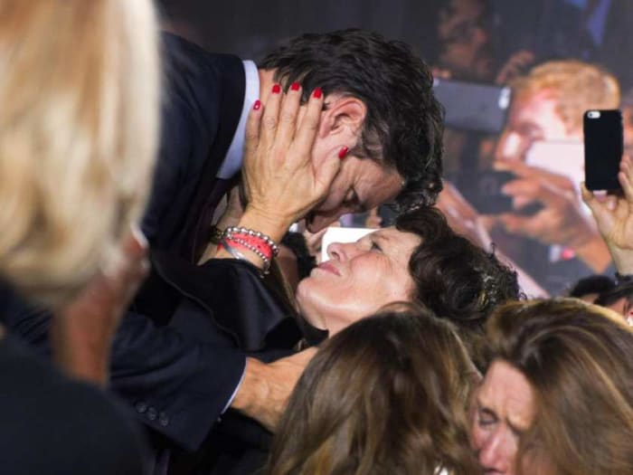 One of Margaret's proudest moments: she embraces Justin when he rises to give his victory speech after Canada's federal election in Montreal, Quebec (Oct 19, 2015).