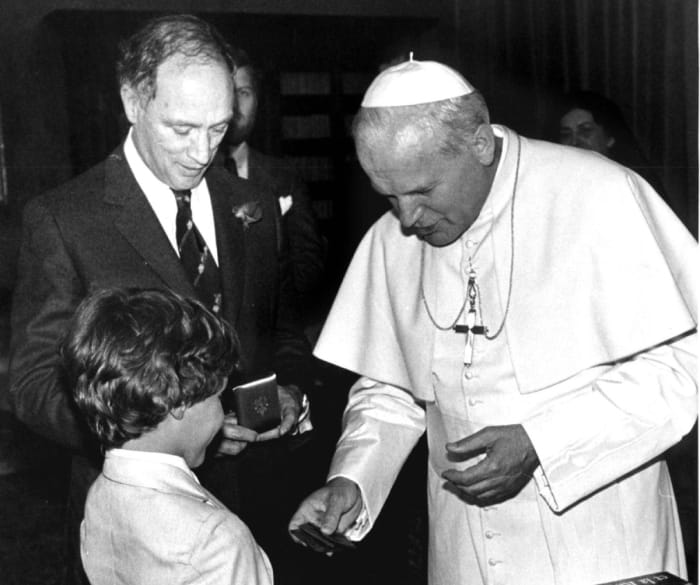 Justin was eight years old when he met Pope John Paul II with his father during a visit to Rome in Jun 1980.
