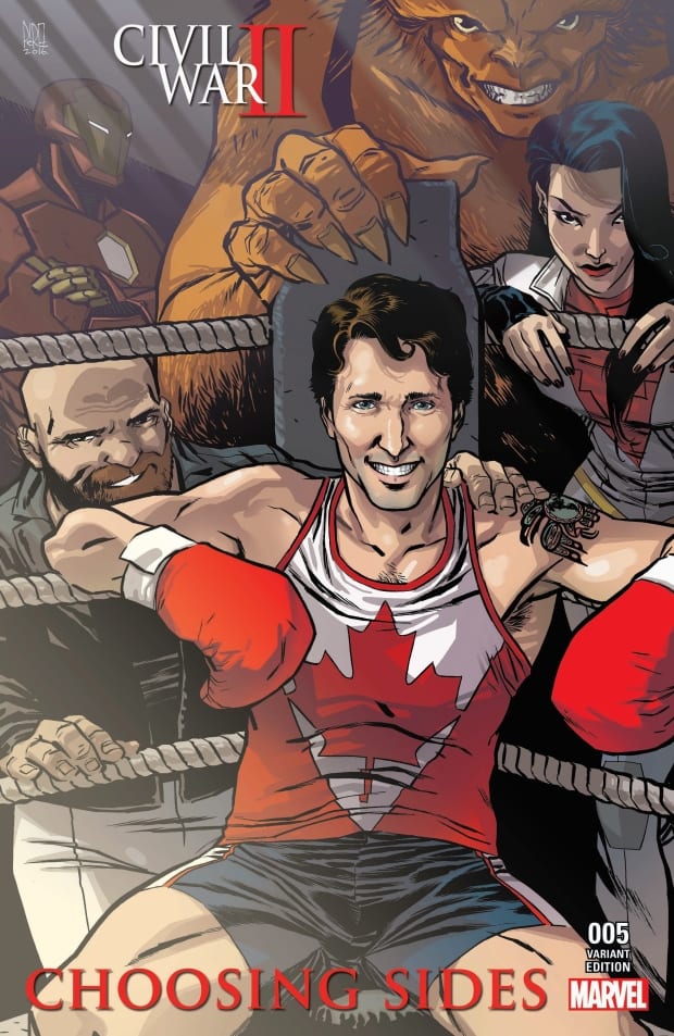 Cover of the comic Civil War II: Choosing Sides #5, featuring Prime Minister Justin Trudeau surrounded by the members of Alpha Flight, Aug 2016.