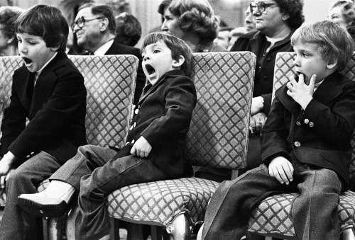 Justin, Michel, and Alexandre (Sasha) Trudeau watch their father at his swearing-in ceremony as Prime Minister of Canada (Mar 2, 1980).