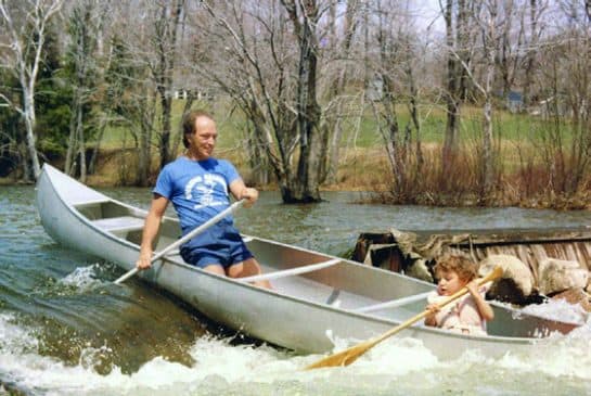 Pierre introduces Justin to an easy bit of white water. Justin wrote: "Dad had remained a great outdoorsman well into his mature years, able to overcome almost any obstacle he faced."