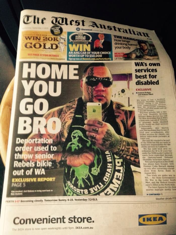 Front Page of Western Australian Paper depicting the Rebel Member Ko was visiting on the day of his arrest in the car park. Member also is being held without charge, and has a wife and young children here in Australia.
