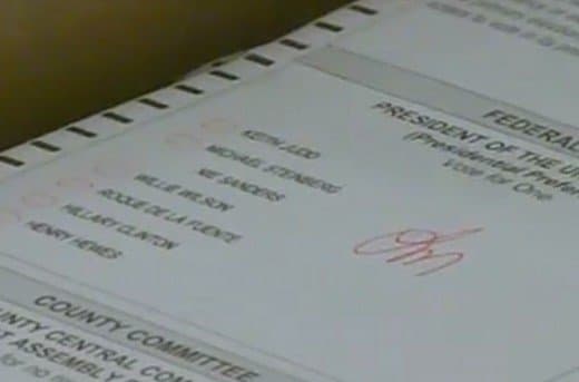 Ballot in San Diego County with Sanders vote marking covered with white-out.