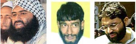 Terrorists released by Government of India, Maulana Masood Azhar(L), Mushtaq Zargar(C),Omar Sheikh(R)
