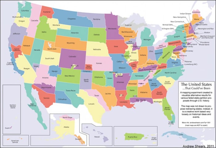 Mansfield University geography professor Andrew Shears created this "alternative history" map in 2011 showing how the USA would look if all of history's proposed states had been accepted.