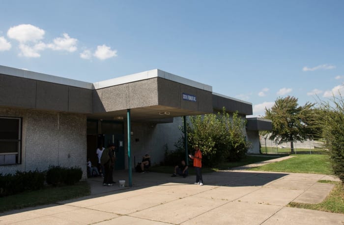 A view of the entrance to the school building housing the community of Tent City West