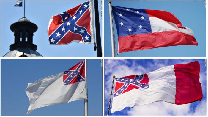 Clockwise from upper left; Battle flag of northern Virginia used by Gen. Rogert E. Lee, Original national flag of the Confederacy (1861-1863), second national flag of the Confederacy (1863-1865), and the third national flag of the Confederacy (1865)