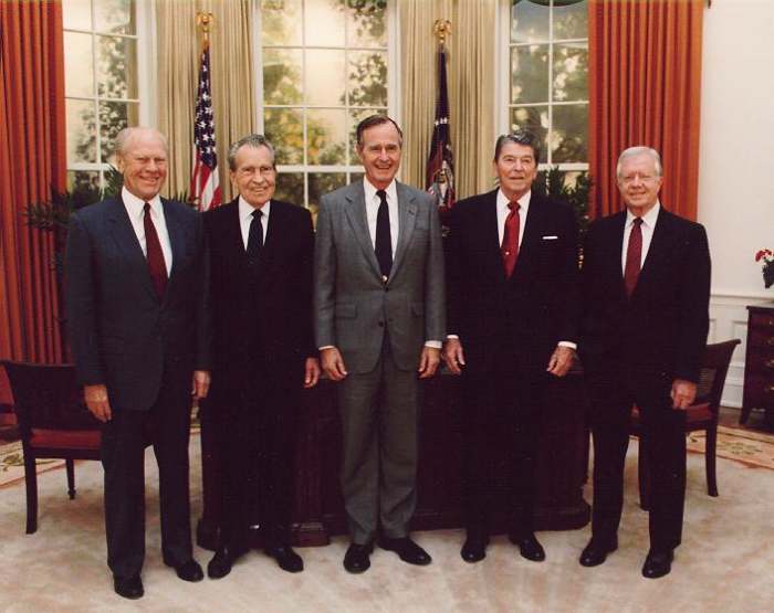 Presidents Gerald Ford, Richard Nixon, George Herbert Walker Bush, Ronald Reagan and Jimmy Carter at the dedication of the Reagan Presidential Library (Left to right).