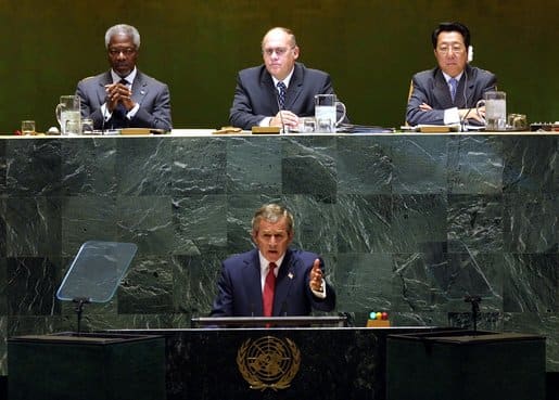 President George W. Bush addresses the United Nations General Assembly in New York City on the issues concerning Iraq Thursday, September 12 2002.