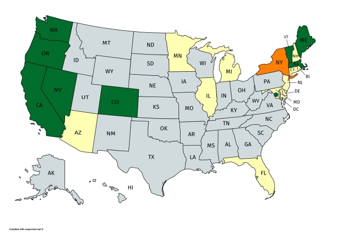 Legal cannabis; Green states have legalized for recreational use, white states are expected to legalize within five years. New York is in orange.