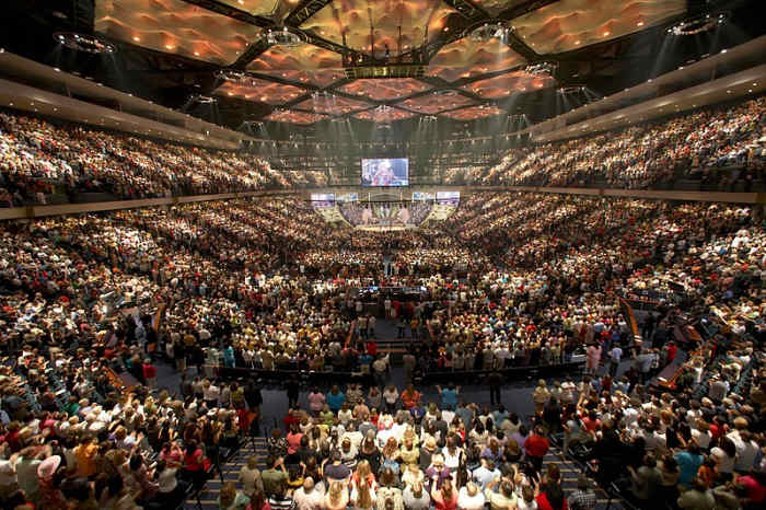 Lakewood Church in Houston is where Pastor Joel Osteen preaches the prosperity gospel to congregations of 52,000.