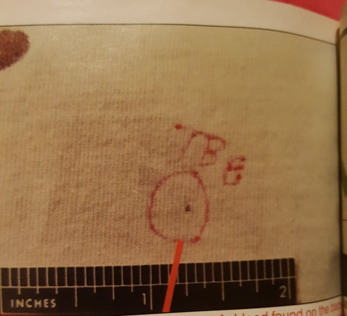 The circle indicates this is Devon's blood on the back of Darlie's night shirt. This is the totality of Devon's blood on the back of the shirt. It's not spatter, a splash, or even a drop. It is a minute, pinprick DOT. It proves nothing.