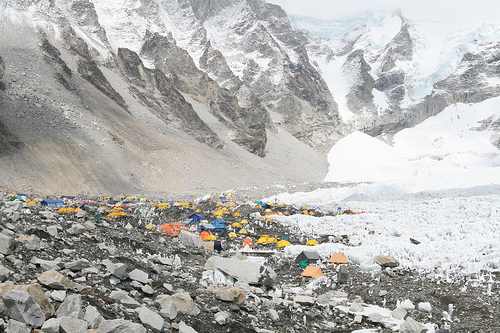 Base camp where climbers acclimatize to the altitude before pushing to the summit.