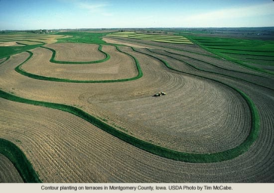 When done correctly, modern-day contour plowing looks something like this and will help reduce soil loss through erosion.