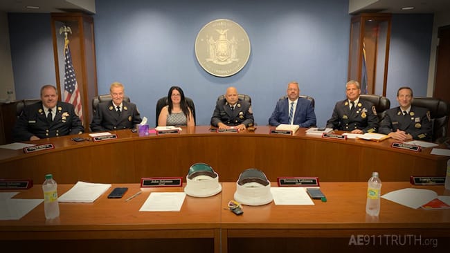The Franklin Square and Munson Fire District commissioners: Philip F. Malloy, Jr. (left); Dennis G. Lyons (second from left); Joseph M. Torregrossa (center); Christopher L. Gioia (second from right); Les Saltzman (right).