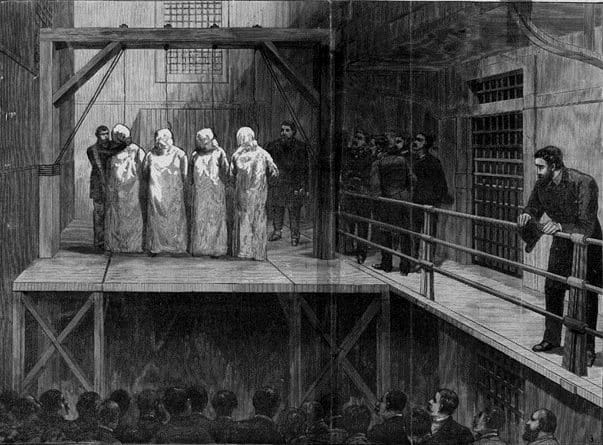 Four of the Haymarket conspirators face execution on the gallows Tommy O'Connor was supposed to be hanged on.
