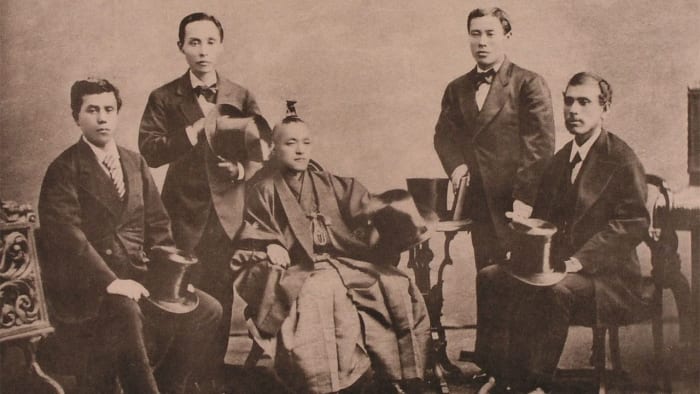 Courtesy of Nippon.com. In 1871, a seventeen years after Admiral Perry forced its borders to reopen, Japan sent 100 leaders and students, on a world tour to learn abroad Western ways and tech. The goal was to modernize while maintaining tradition.