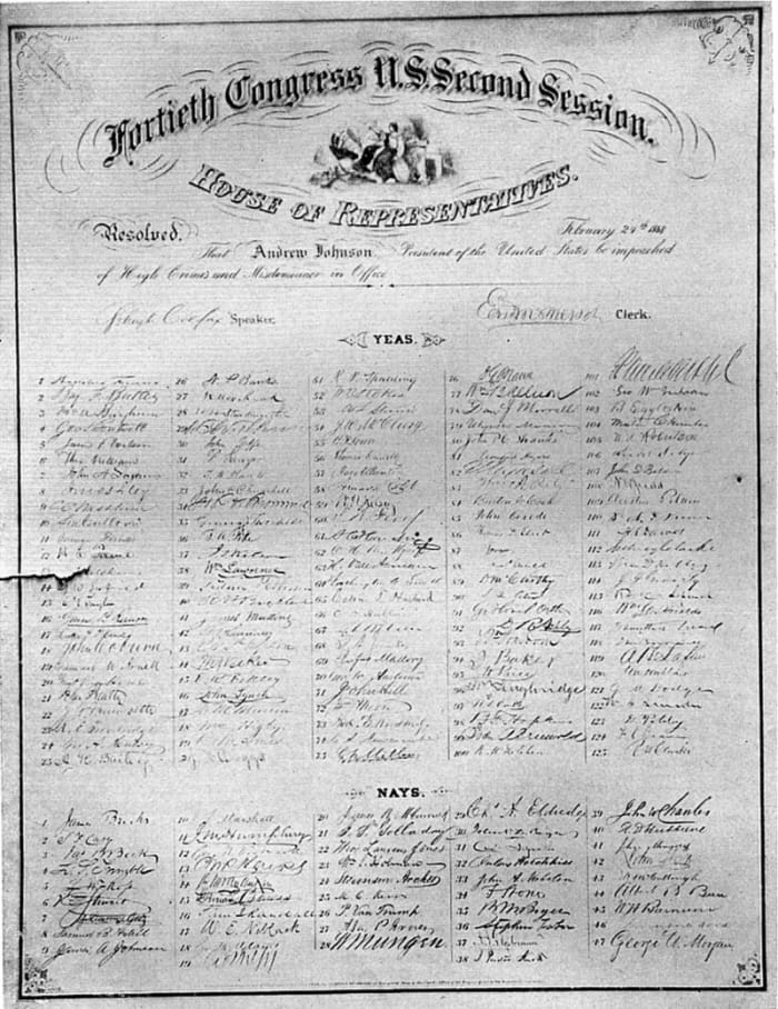 The impeachment resolution against Andrew Johnson, approved by the House of Representatives on February 24, 1868.