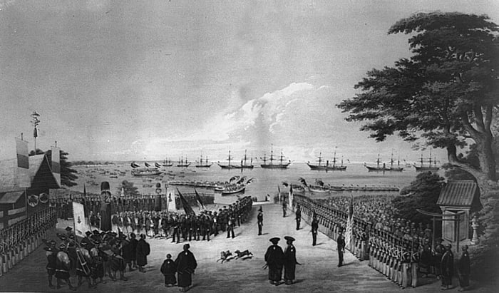 Landing of Commodore Perry, Officers and Men of the Squadron To meet the Imperial Commissioners at Yoku-hama March 8th, 1854.