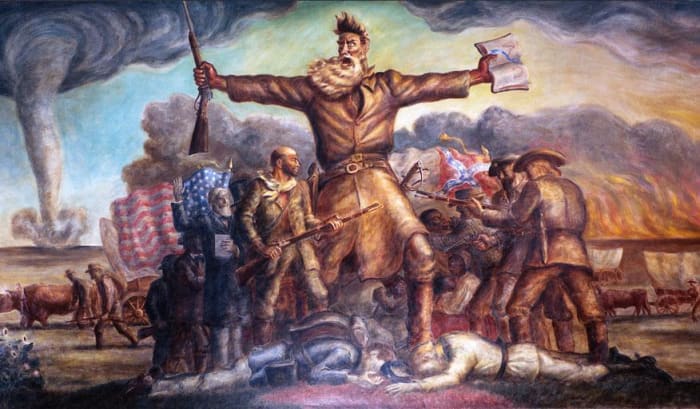 The "Tragic Prelude" mural at the Kansas State Capitol building depicts John Brown in the prelude to the Civil War, during the bleeding Kansas unrest.