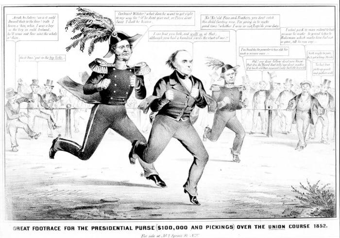Cartoon on the presidential election of 1852, showing Winfield Scott, Daniel Webster, and Franklin Pierce competing in a footrace before a crowd of onlookers for a $100,000 prize (the four-year salary for a president) and "pickings."