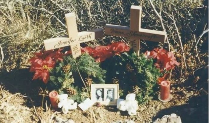 Families hold a memorial at the body dump site in Yavapai County, Arizona where Diana Shawcroft and Jennifer Lueth were found.