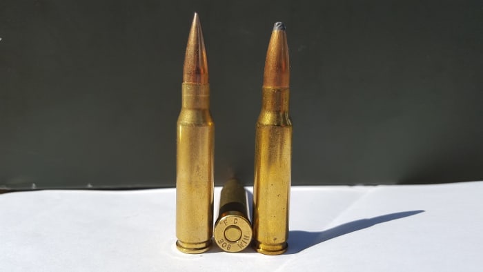 .308 Winchester. FMJ on the left, soft-point on the right.