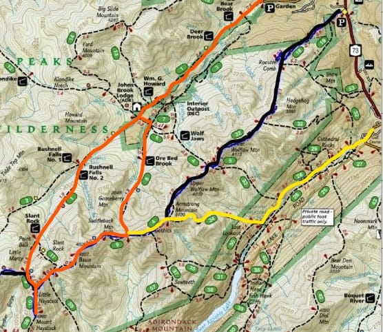 Loop back to Garden in orange, out to St. Hubert's from Saddleback in yellow, black would be the Roostercomb option