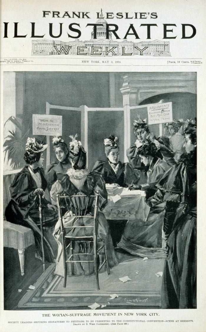 The woman-suffrage movement in New York City. Society leaders securing signatures to petitions to be presented to the constitutional convention - scene at Sherry's. May 3rd, 1894
