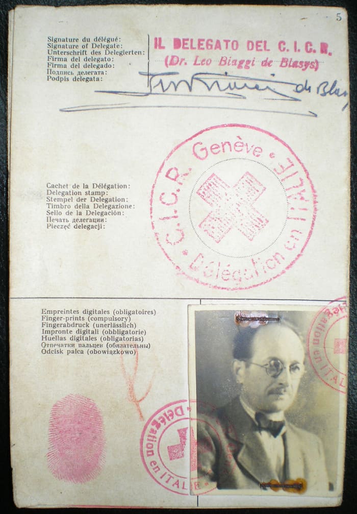 False travel documents issued to Adolf Eichmann with the help of the Catholic Church. He was captured in Argentina in 1960 by Israeli agents, found guilty of war crimes and executed.