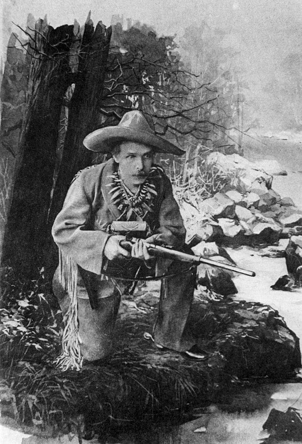 Karl May strikes a heroic pose; or is it Old Shatterhand? Hard to tell. The highly polished footwear is an unlikely piece of kit in the frontier.