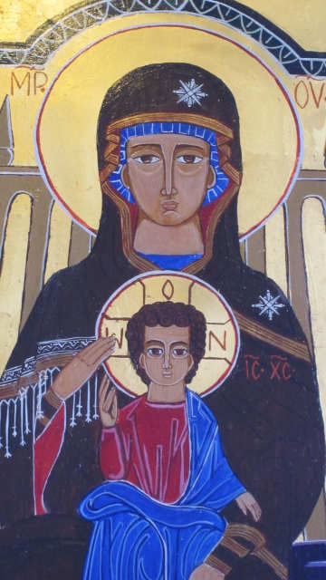 This Byzantine Madonna and Child lithograph hangs in the narthex of Saint George's Episcopal Church in Washington, DC.