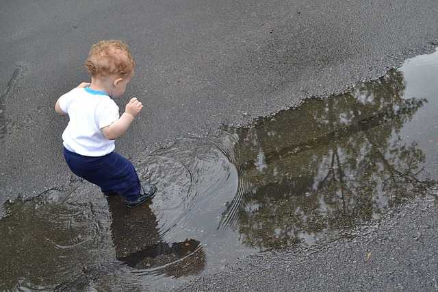 A toddler is amazed by the splash he creates in a puddle.