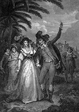 Petruchio forces Katherina to call the sun the moon in The Taming of the Shrew. Julius Caesar Ibbetson; engraver Isaac Taylor.