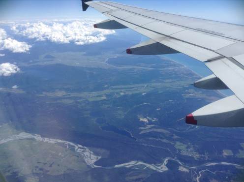 Last look across the Southern Alps to Mt Cook and down to the braided river, flying out of New Zealand