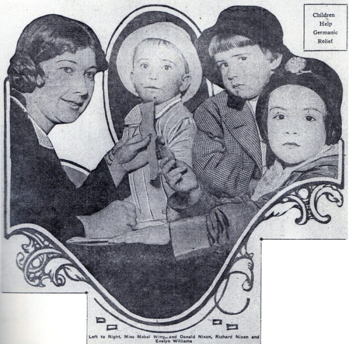 "Nixon (second from right) makes his newspaper debut in 1916, contributing five cents to a fund for war orphans. His brother Donald is to his right." Wikipedia
