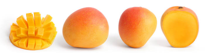 (From left to right) Popular porcupine method of eating a mango, some different shapes of mangoes, cross-section of a mango
