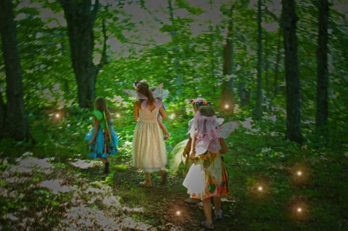 A group of beautiful maiden came passing by, but unknown to the men resting, these are fairies.