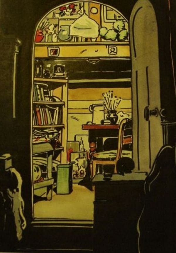 Aquarelle by Synco Schram de Jong showing his art study at the attick of their house in Dordrecht.