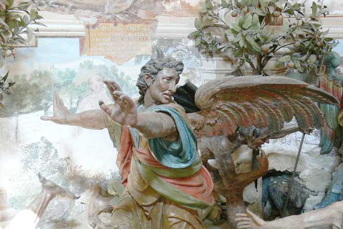 Victory of Saint Francis over Temptation (represented by Lucifer fleeing from the saint); statues by Dionigi Bussola